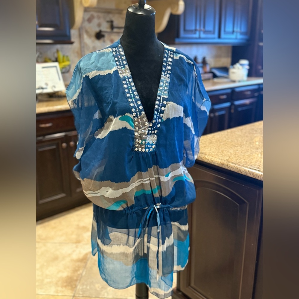 Blue and White Beaded V-Neck Swim Coverup